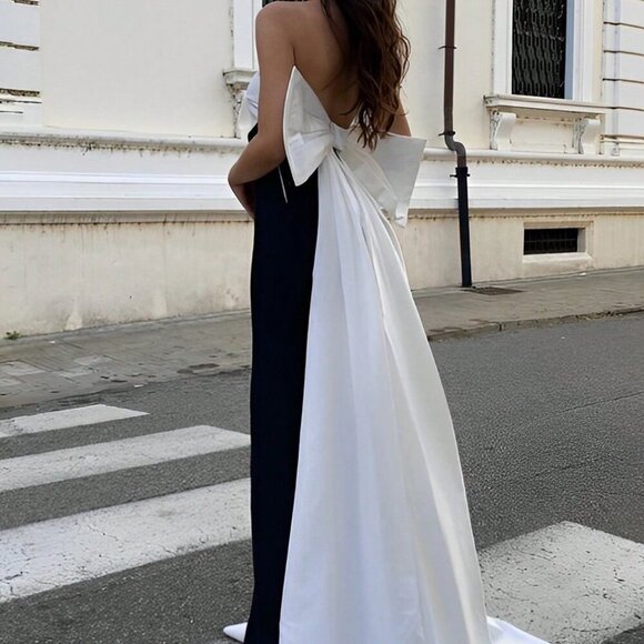 Black and White Women's Stitching Tube Top High Slit Big Butterfly Party Dress - Picture 6 of 6